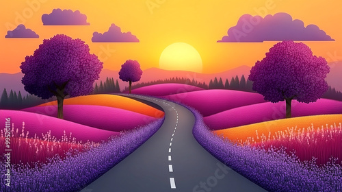 A vibrant landscape featuring a winding road, colorful fields, and a stunning sunset. Perfect for nature and scenic backgrounds. photo