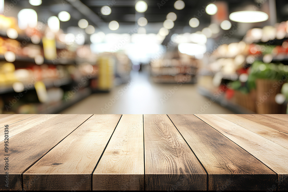 Empty wood table top with supermarket blurred background for product display Empty wood table top with supermarket blurred background for product display