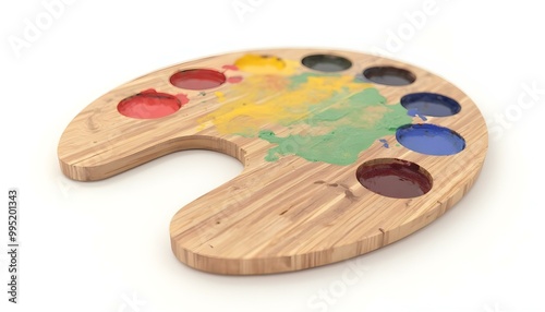 Wooden art palette with colored paint isolated on a white background