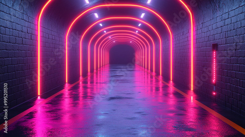 A vibrant, illuminated corridor featuring neon lights and reflective surfaces, creating a futuristic atmosphere.