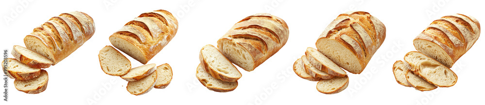 Collection of artisan sliced bread loaf with golden crust isolated on white background