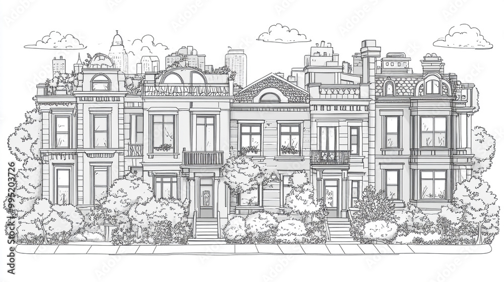 An elegant row of historic townhouses surrounded by trees and bushes, showcasing classic architectural details and urban charm. An elegant row of historic townhouses surrounded by trees and bushes, showcasing classic architectural details and urban charm.