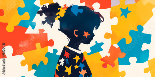 Silhouette of a child against a vibrant puzzle background, symbolizing the complexities of child psychology and development photo