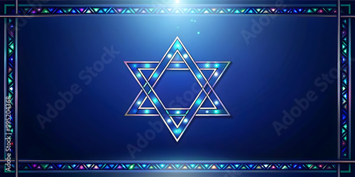 Minimalist Navy Blue Background with Holographic Star of David Accents | Modern Festive Design with Ample Copy Space photo