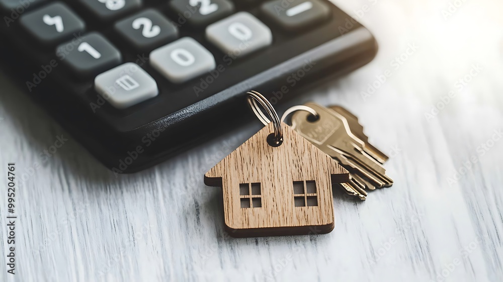 Wooden house shaped keychain and keys on calculator on white table close up, copy space Wooden house shaped keychain and keys on calculator on white table close up, copy space