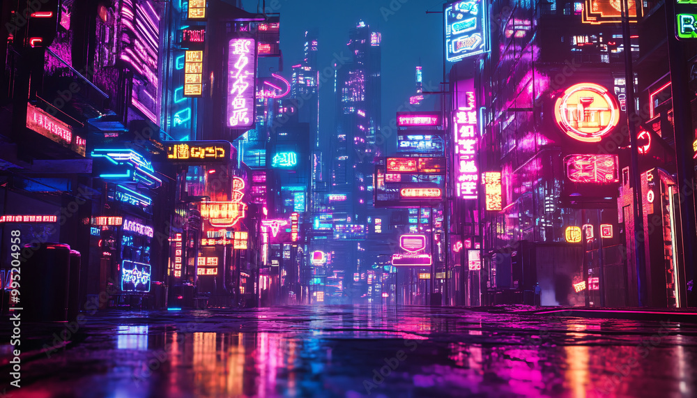 Bright, glowing neon signs in various shapes and colors, with a futuristic, cyberpunk-style backdrop Bright, glowing neon signs in various shapes and colors, with a futuristic, cyberpunk-style backdrop