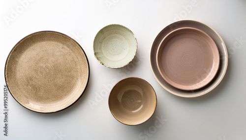 handmade ceramics, empty craft ceramic plates on light background top view