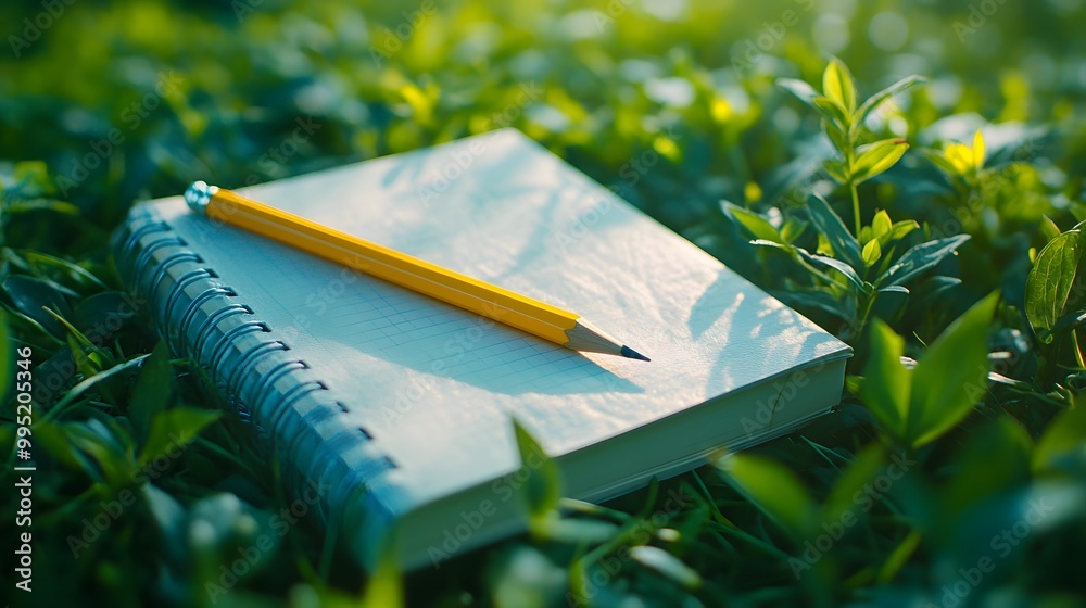 A notebook and pencil resting on lush green leaves, symbolizing creativity, nature inspiration, and outdoor journaling in a peaceful setting.