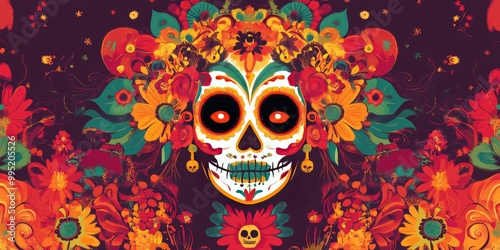 Bold Dia de Muertos poster with bright colors and intricate designs.