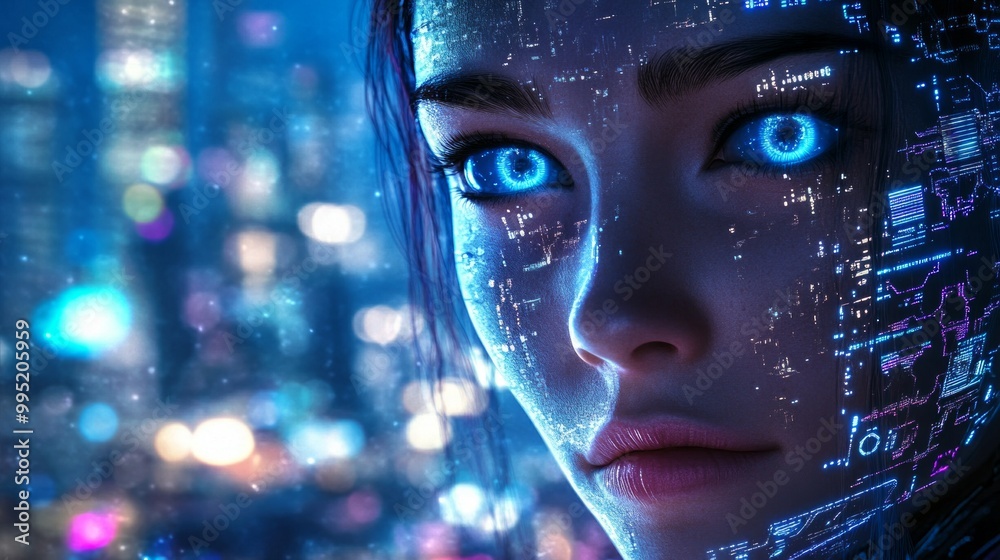 Cybernetic Elegance, a stunning portrait of a futuristic woman with radiant blue eyes and glowing circuitry, set against a vibrant, advanced city skyline.