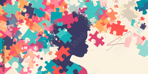 Silhouette of a child against a vibrant puzzle background, symbolizing the complexities of child psychology and development photo