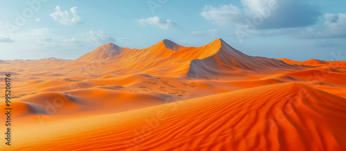 Bright orange sand dunes under a clear blue sky with rugged wave-like patterns