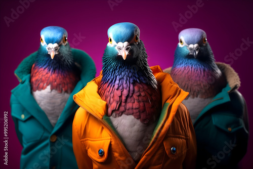 Creative animal concept. Gang family of pigeon bird in vibrant bright fashionable outfits, commercial, editorial advertisement, surreal surrealism. Group shot