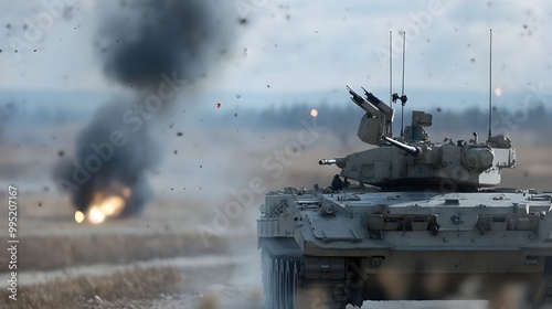 Armored Tank Deploying Smoke Screens and Flares as Anti Drone Countermeasures in Intense Battlefield Environment photo