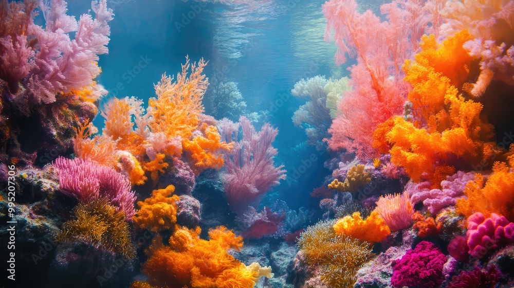 Naklejka premium A mesmerizing underwater scene showcasing colorful coral formations