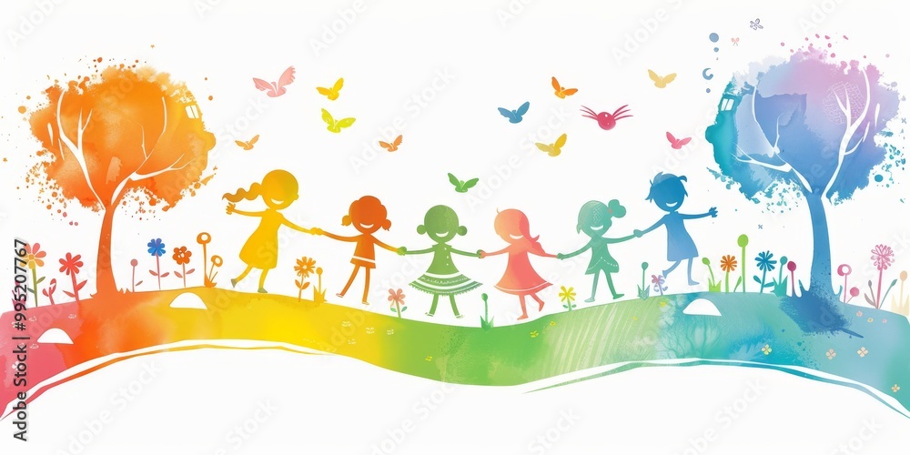Fototapeta premium A colorful painting of children holding hands in a field with trees and flowers