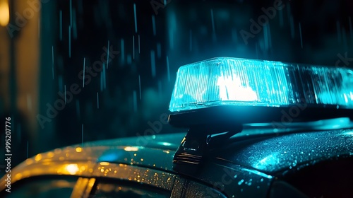 Bright Blue Flashing Emergency Light Mounted on the Roof of a Police Patrol Vehicle at Night in an Urban Setting Signaling a State of Alert or Response