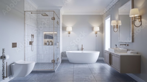 Stylish modern bathroom featuring sleek fixtures, a minimalist toilet design, and elegant lighting