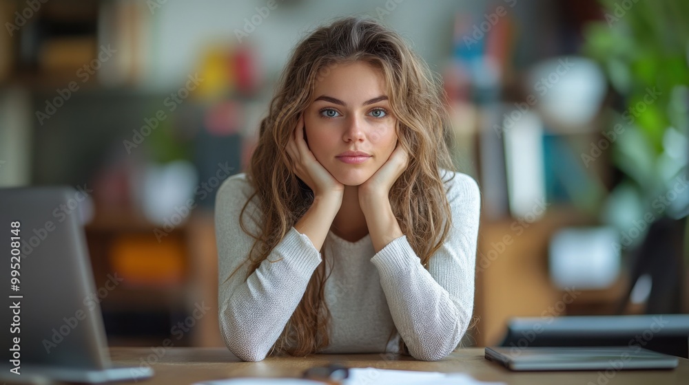 Young woman with long hair sitting at a desk in a cozy well lit room looking thoughtfully at the camera during the day Young woman with long hair sitting at a desk in a cozy well lit room looking thoughtfully at the camera during the day