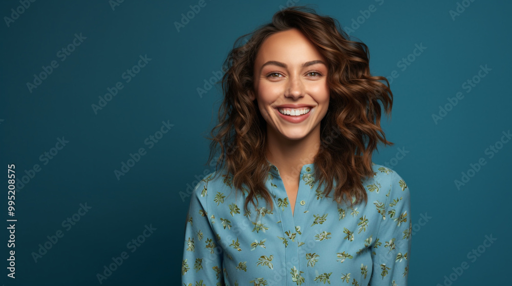 Fototapeta premium Happy Smiling beautiful woman in blue shirt while standing on blue background. Happy young adult girl with positive emotions posing at studio. Happiness concept