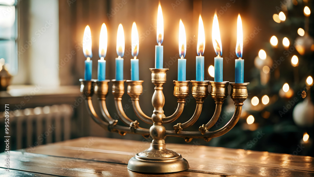 3D Floating Hanukkah Menorah with Glowing Blue Flames - Modern Sleek Design Isolated on White Background, Perfect for Contemporary Celebrations 3D Floating Hanukkah Menorah with Glowing Blue Flames - Modern Sleek Design Isolated on White Background, Perfect for Contemporary Celebrations