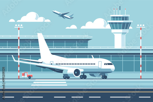 Airport with an airplane on the runway. Vector illustration in minimalistic style.