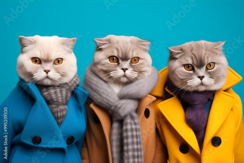 Creative animal concept. Gang family of Scottish fold cat in vibrant bright fashionable outfits, commercial, editorial advertisement, surreal surrealism. Group shot