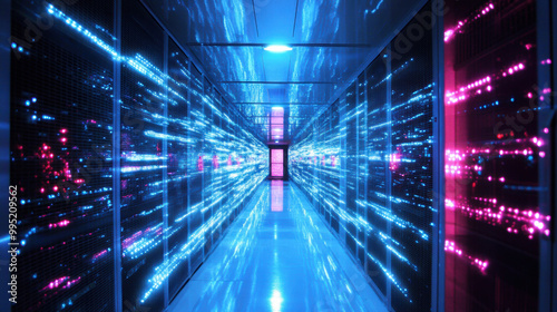 vibrant data center corridor illuminated by blue and pink lights showcases advanced technology of fiber optics. dynamic visual creates sense of speed and innovation