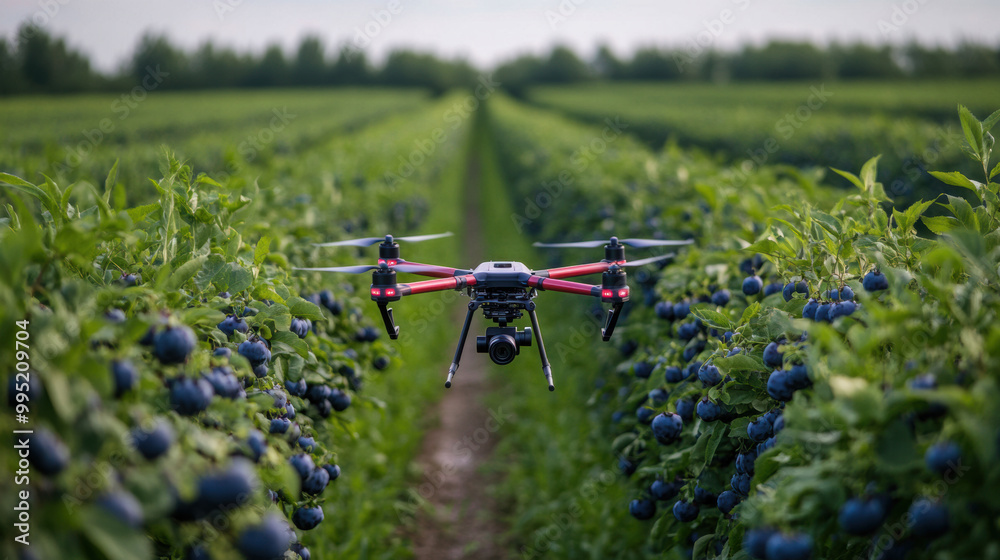Drones with multispectral cameras are flying over lush blueberry field, capturing detailed images of vibrant crops. This technology aids in measuring plant health and optimizing yields Drones with multispectral cameras are flying over lush blueberry field, capturing detailed images of vibrant crops. This technology aids in measuring plant health and optimizing yields