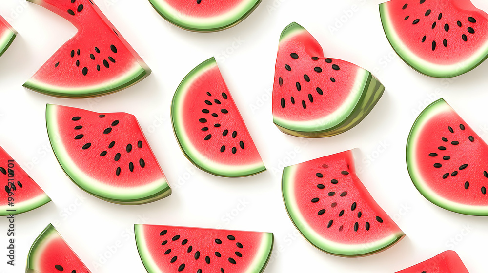3D Cartoon Style Watermelon Slice Tiles - Vibrant Pink & Green Seamless Pattern for Playful Yalda Night Background, Isolated Icon on White 3D Cartoon Style Watermelon Slice Tiles - Vibrant Pink & Green Seamless Pattern for Playful Yalda Night Background, Isolated Icon on White