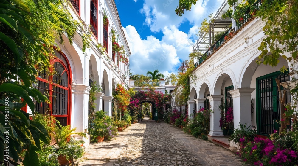 Obraz premium A stunning white building with arched windows is surrounded by greenery and vibrant flowers.