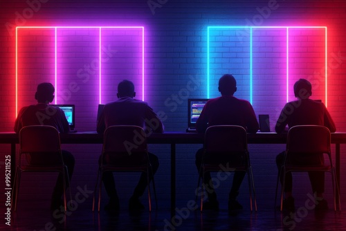 Group of people seated in front of computer screens illuminated by blue and pink neon lights symbolizing collaborative work digital gaming and virtual teamwork in a tech focused setting