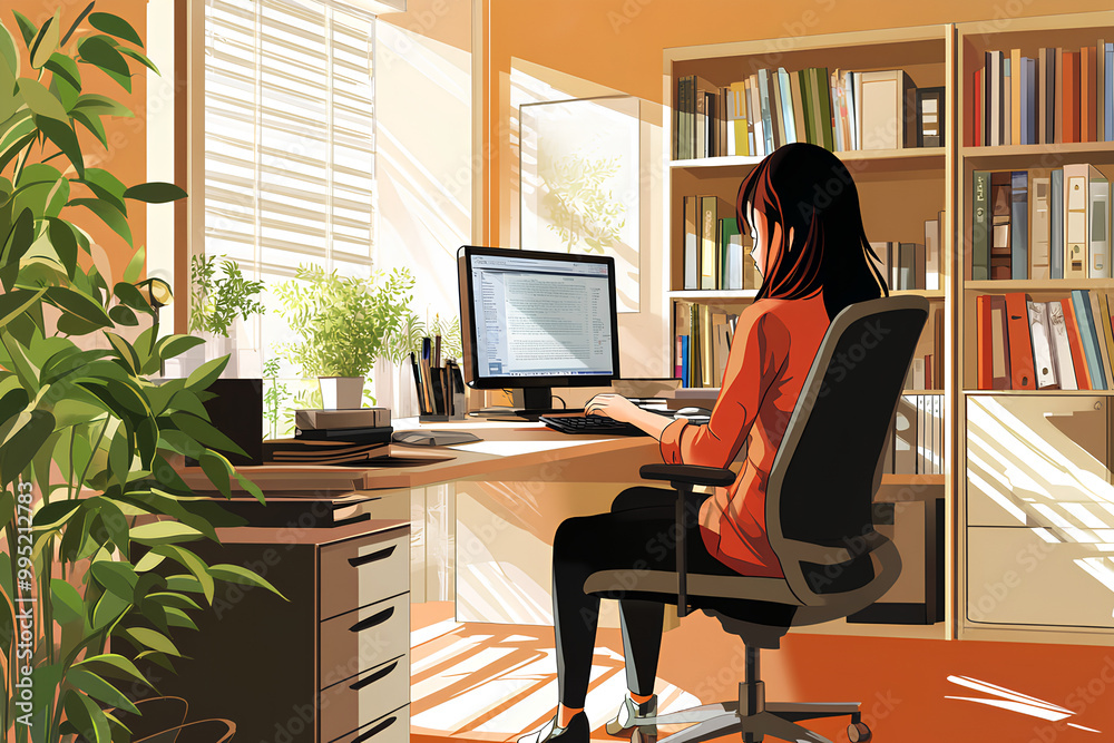 Female interior designer working in office, anime style Female interior designer working in office, anime style