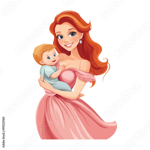 Cartoon clip art depicting a smiling woman with ginger hair holding a baby boy in her arms