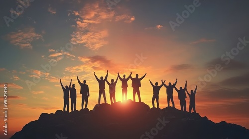 Silhouette back group of man team celebrating success on top mountain, sky and sunset background. Business, teamwork, achievement and person concept. Vector illustration.