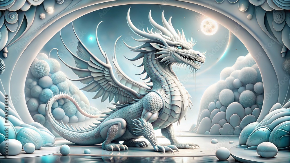 Fototapeta premium Majestic white dragon with wings posing in a surreal landscape under a full moon