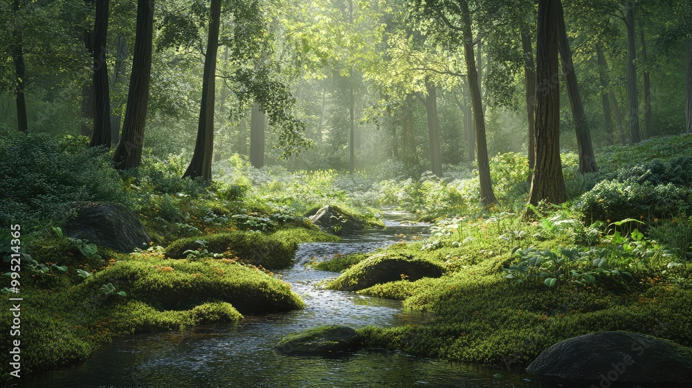 A peaceful glade with a gentle stream and soft moss underfoot A peaceful glade with a gentle stream and soft moss underfoot