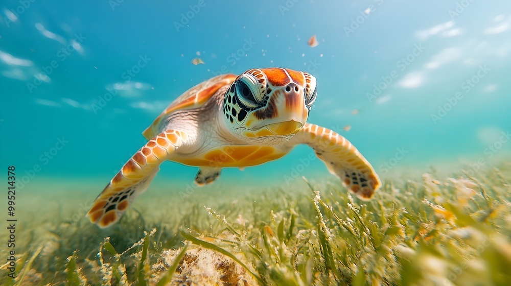 Closeup of a juvenile sea turtle grazing on lush seagrass in a tranquil lagoon showcasing the turtle s growth and development within its natural marine habitat Closeup of a juvenile sea turtle grazing on lush seagrass in a tranquil lagoon showcasing the turtle s growth and development within its natural marine habitat