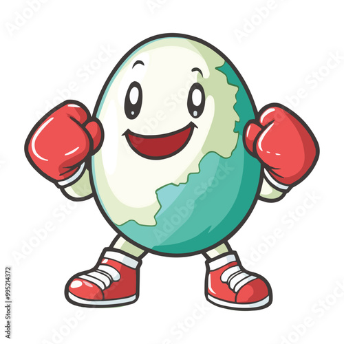 A cartoon-style cute easter egg wearing boxing gloves and smiling