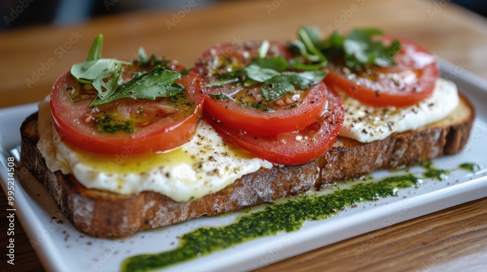 Burrata on toast with tomatoes and arugula on a fuzzy background Burrata on toast with tomatoes and arugula on a fuzzy background