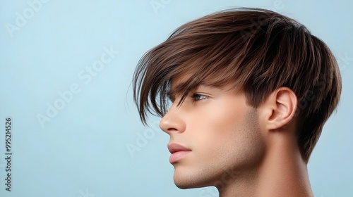 Closeup of a neatly styled side swept fringe hairstyle with the front and sides meticulously groomed and the back cleanly tapered for a sophisticated polished look photo