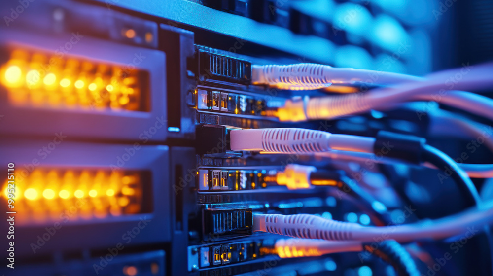 High quality image of server equipment with fiber optic cables connected, showcasing vibrant lights and technology. setup ensures efficient data transmission and connectivity