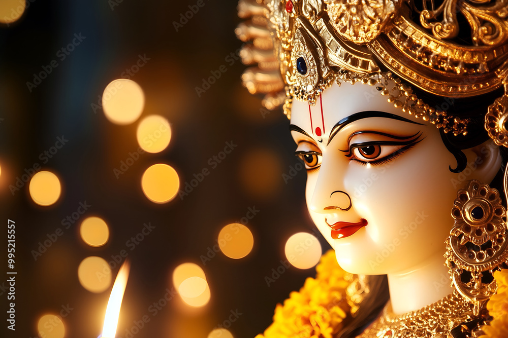 A close-up of a statue of Goddess Durga, adorned with gold detailing. A close-up of a statue of Goddess Durga, adorned with gold detailing.
