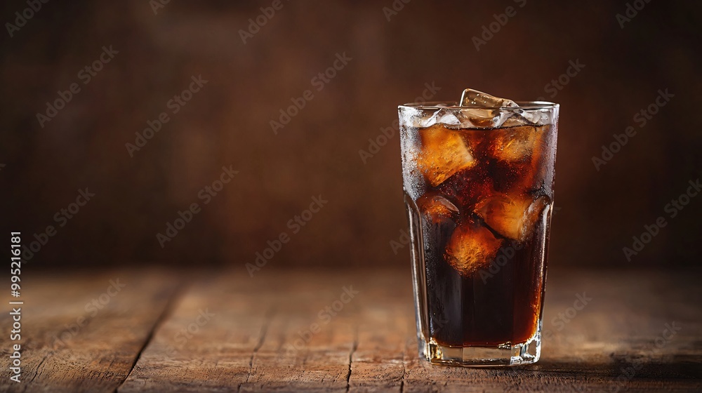 A glass of cola with ice cubes on a wooden table.