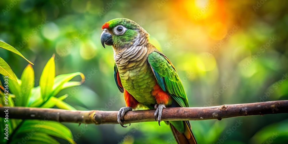 Obraz premium Bright green cheek conure perches on a branch, embraced by dense greenery, embodying the beauty and vibrancy of