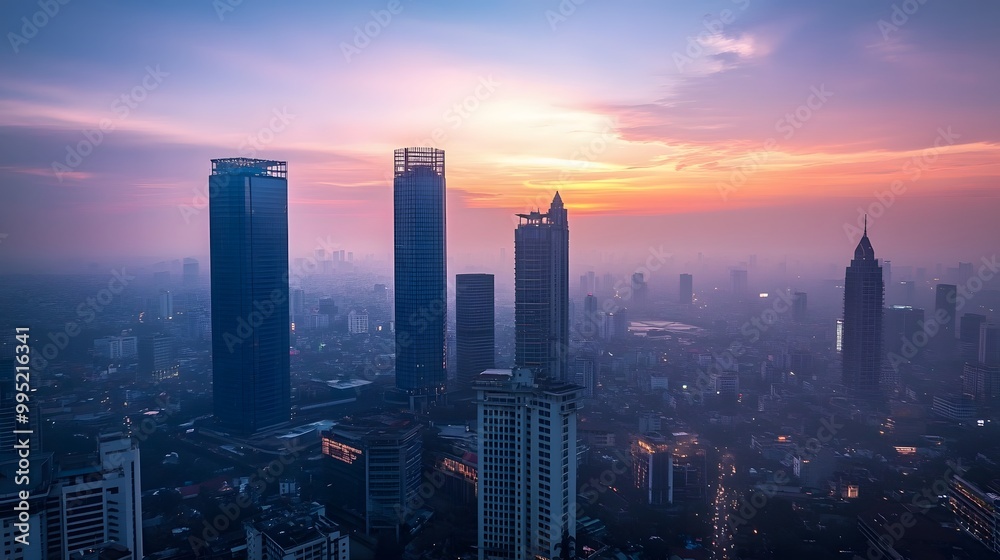 Fototapeta premium Skyscrapers at Sunset Over a Hazy Cityscape