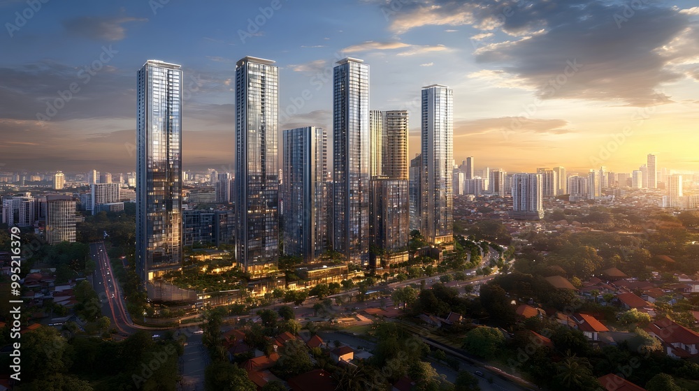 Obraz premium Modern Skyscrapers in an Urban Cityscape at Sunset