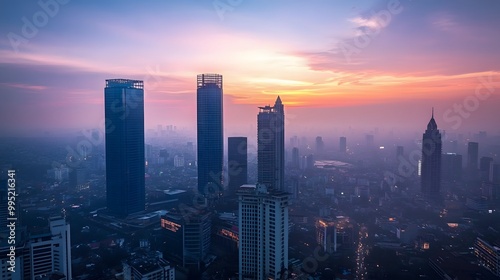 Skyscrapers at Sunset Over a Hazy Cityscape