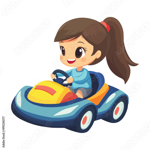 A cute cartoon girl driving an amusement park bumper car