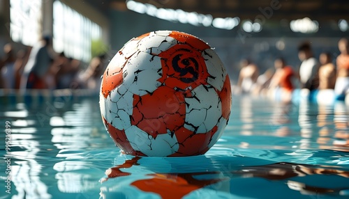 Crossover of Sports: Soccer Ball Drifting on Calm Swimming Pool Surface with Ample Copy Space photo